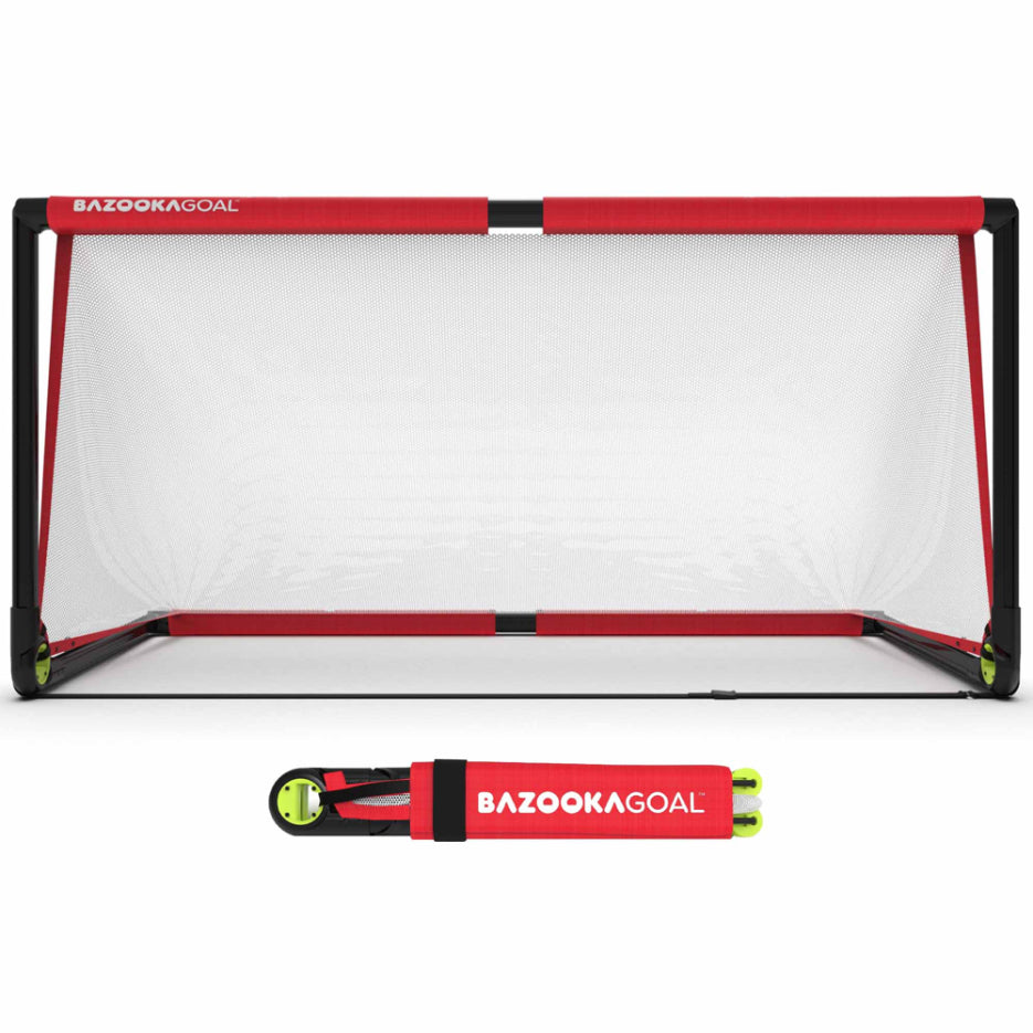 Portable BazookaGoal Pop-Up Football Goals set up on grass for soccer practice, featuring lightweight, easy-to-assemble sporting goods.