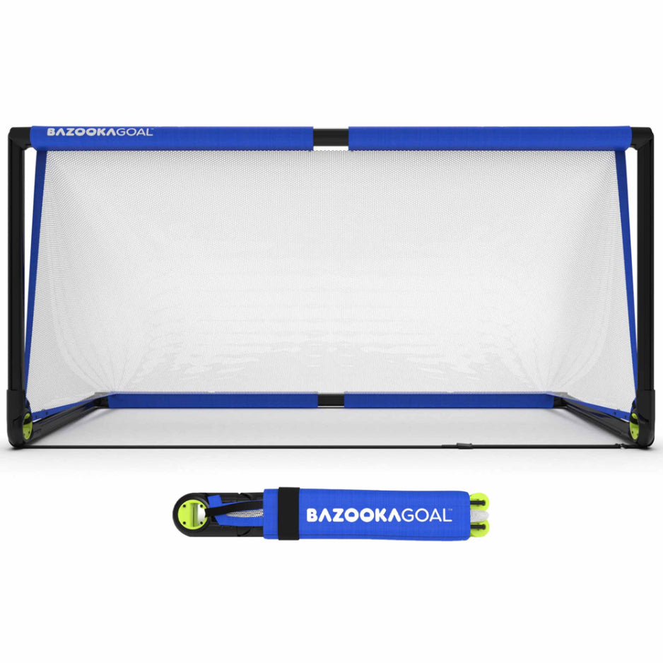 BazookaGoal Pop-Up Football Goals set up on grass, portable sporting goods for soccer practice and games