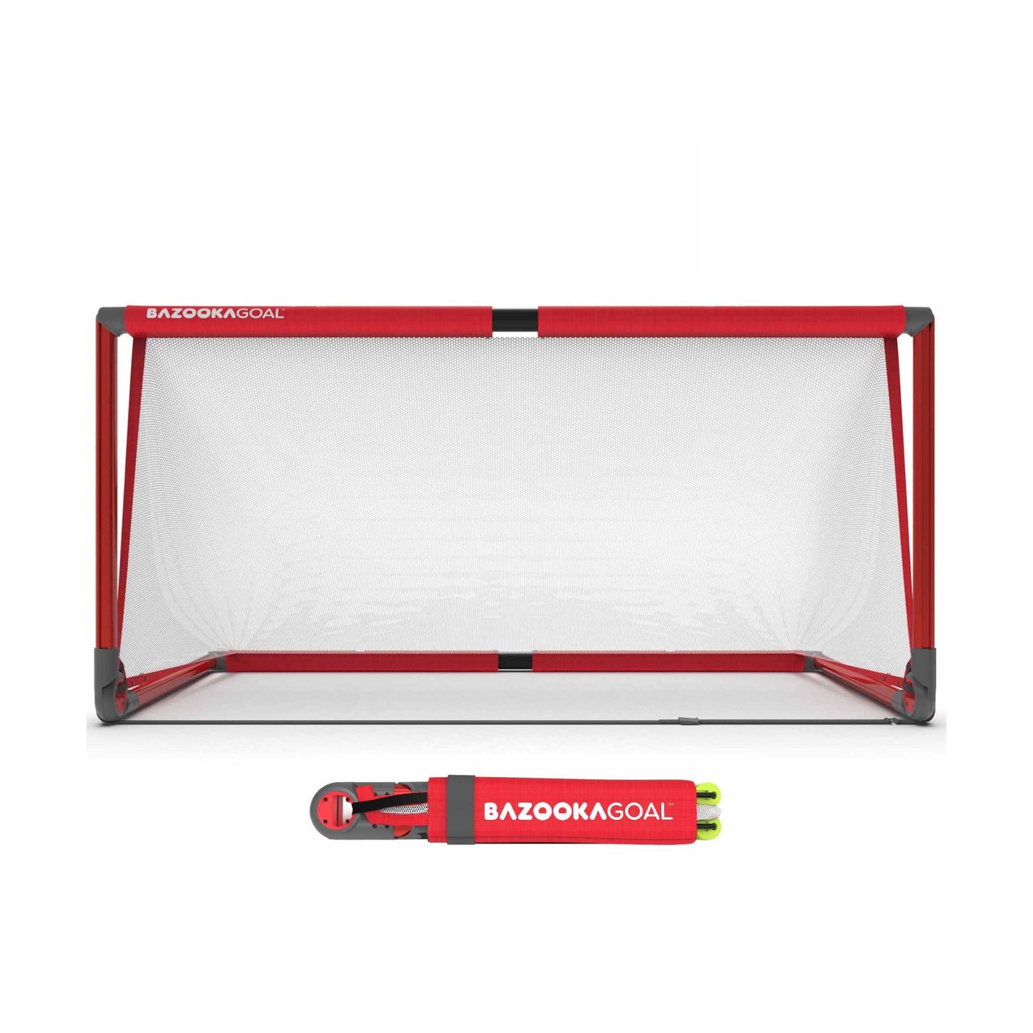 BazookaGoal pop-up aluminum football goals set up outdoors, lightweight and portable sporting equipment for soccer practice and games.