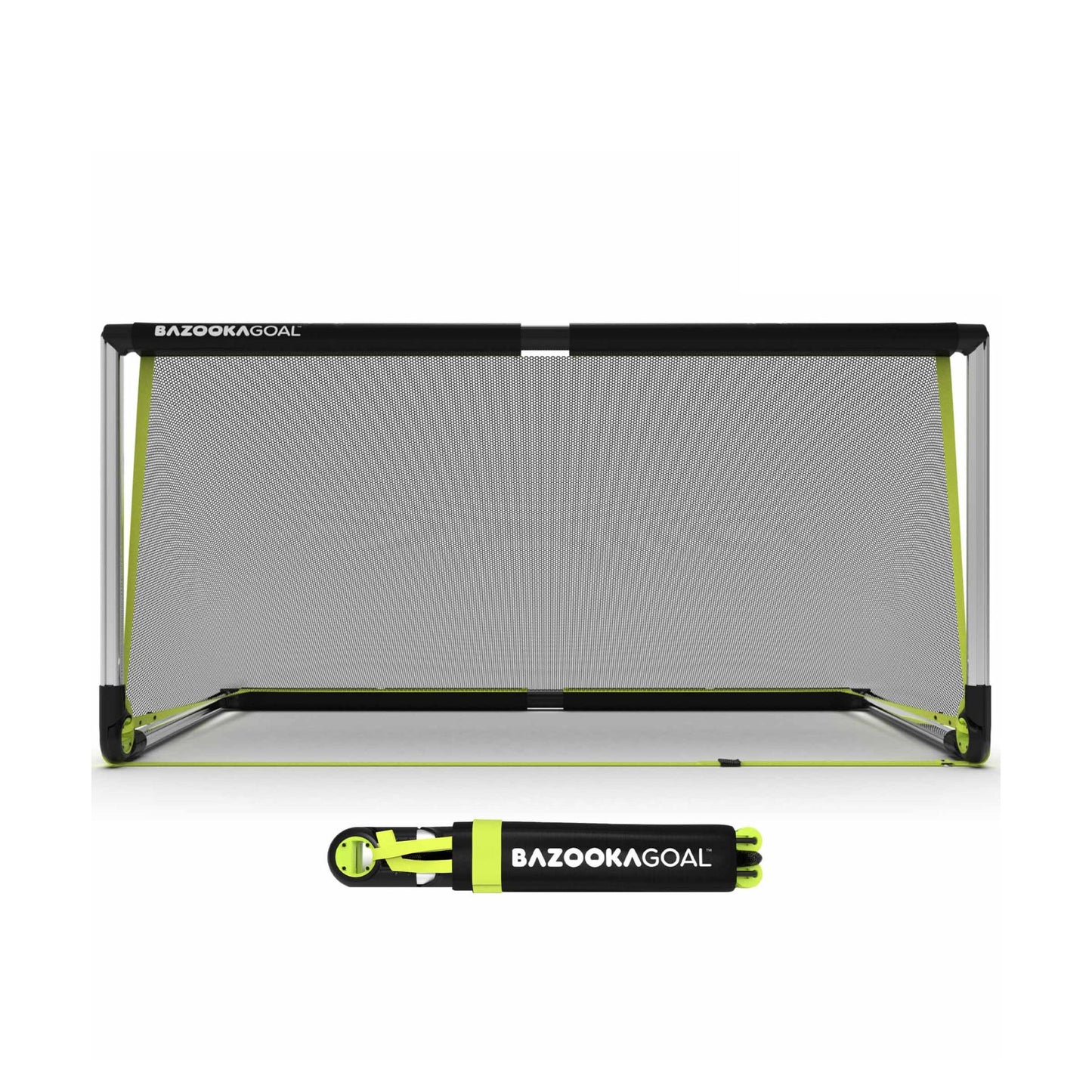 BazookaGoal pop-up football goals made of aluminium, set up outdoors for soccer practice and games.