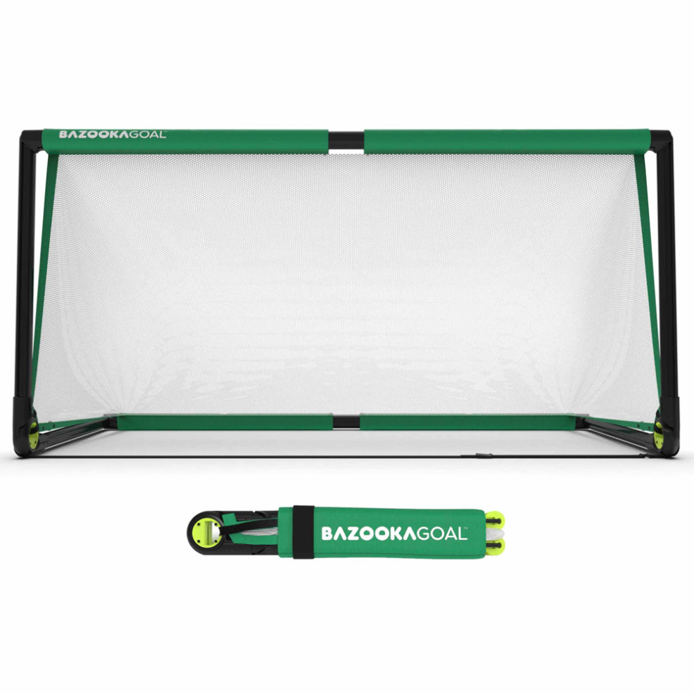 BazookaGoal Pop-Up Football Goals set up on grass, lightweight sporting goods for quick soccer goal assembly and practice.