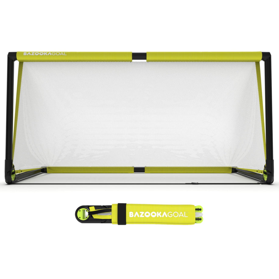 BazookaGoal pop-up football goals set up outdoors, featuring lightweight, portable sporting goods for soccer practice and games.