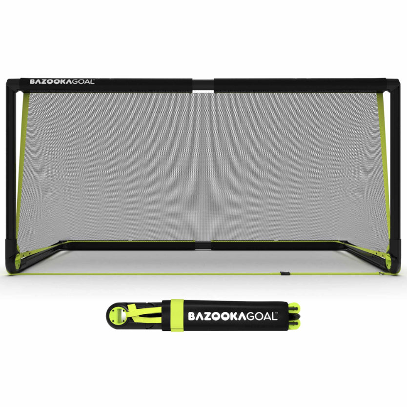 BazookaGoal pop-up football goals set up outdoors, lightweight sporting goods for soccer practice and games.