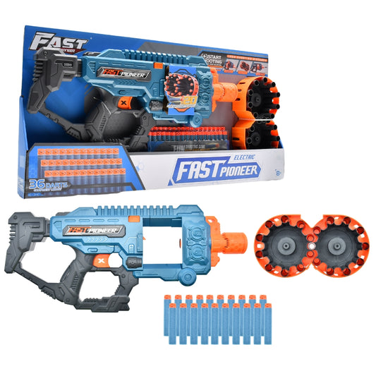 Fast Pioneer electric foam bullet toy gun with 20-round drum, shown with colorful foam bullets and sporty design.