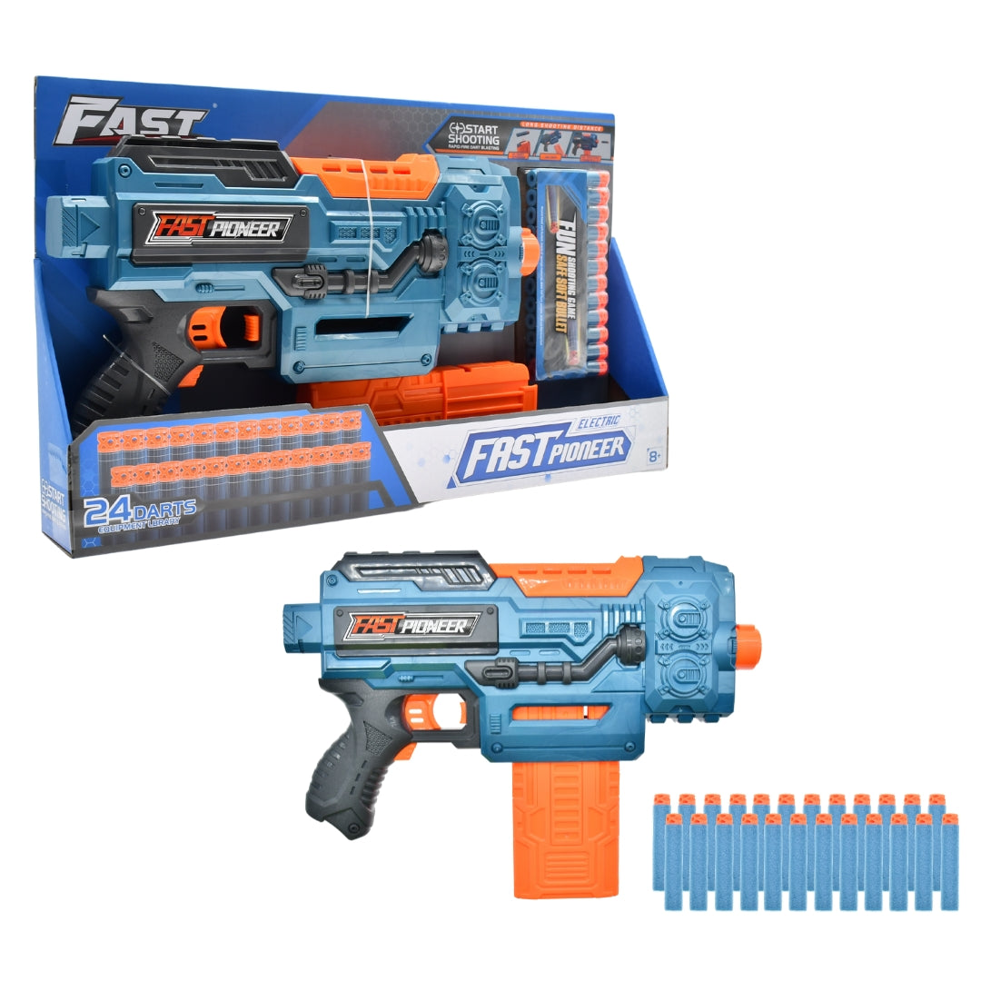 Fast Pioneer electric foam dart gun with 10-dart clip, sporting goods toy for children, shown in a colorful play setting.