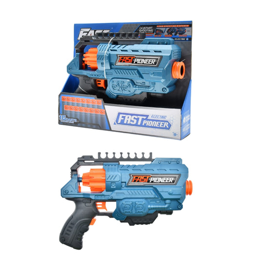 Fast Pioneer electric foam bullet toy gun with colorful design, ideal for outdoor sporting games and active play.