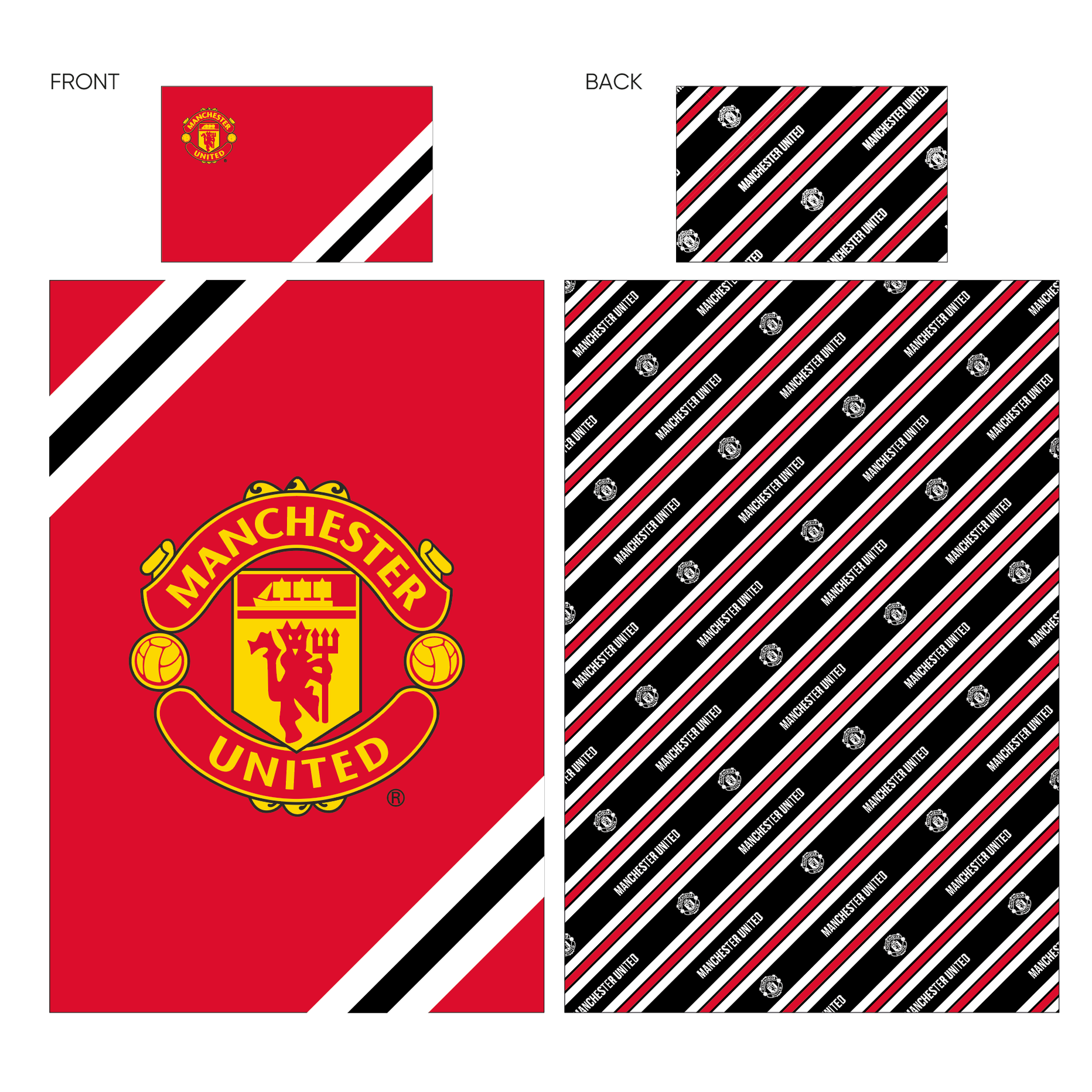 Manchester United Core Stripe single duvet set by Foco featuring red, white, and black striped bedding for sports fans.