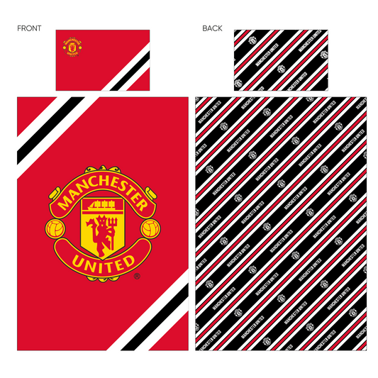 Manchester United Core Stripe duvet set by Foco featuring red and white stripes, sports-themed bedding for fans