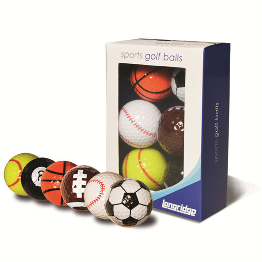Longridge novelty golf balls 6-pack with colorful sports-themed designs, perfect for golf enthusiasts and collectors.
