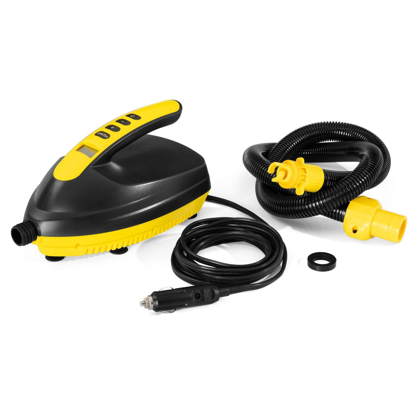 Hydro-Force 12V auto-air electric pump for inflatables, compact sporting goods appliance with power cord and control switch.