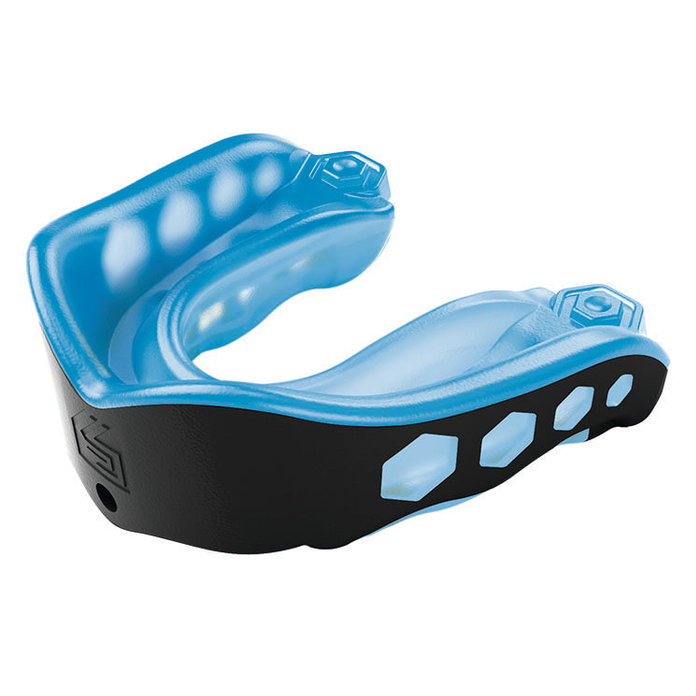 Shock Doctor Gel Max mouthguard for sports, showing the blue and black protective mouthpiece in a close-up view.