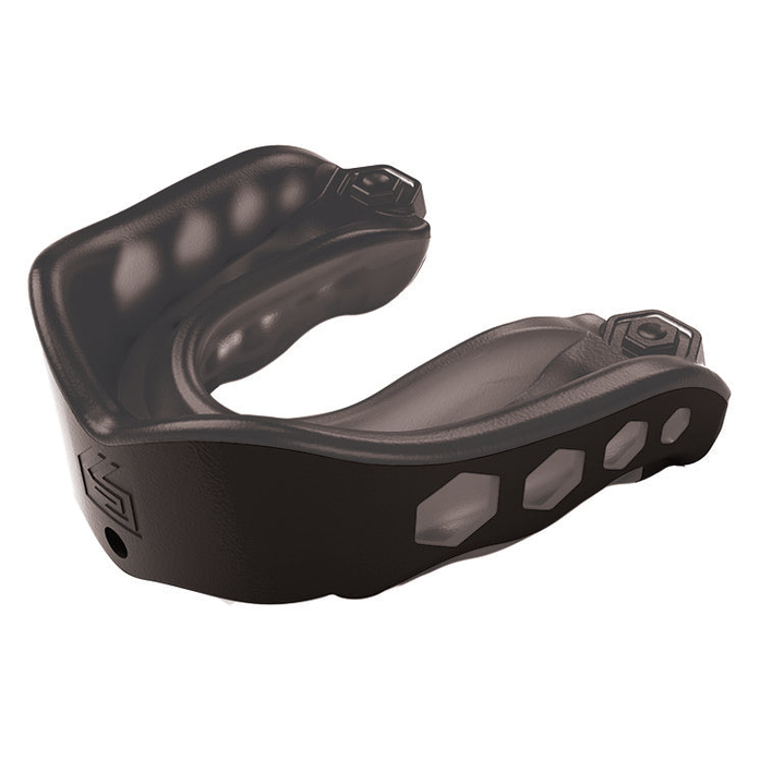 Shock Doctor Gel Max Mouthguard shown in blue with contoured design, perfect for sports protection and dental safety.