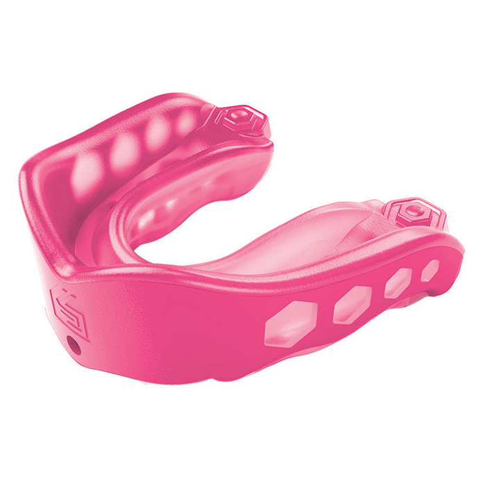 Shock Doctor Gel Max mouthguard for sports, shown in blue with custom-fit design and protective padding.