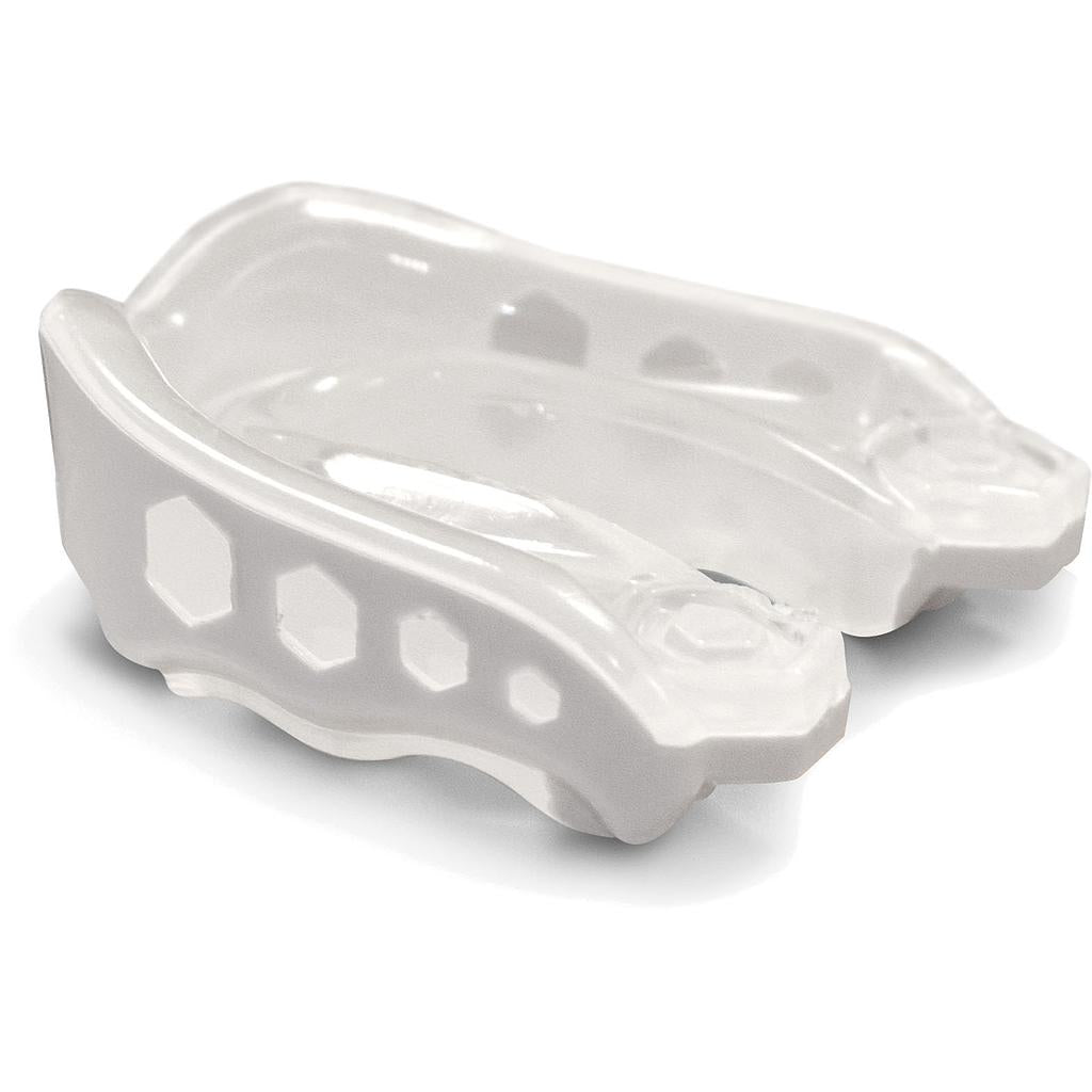 Shock Doctor Gel Max mouthguard in navy blue, designed for sports protection, showing its padded, ergonomic shape.