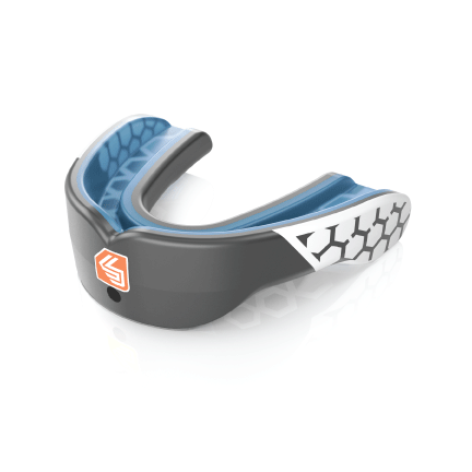 Shock Doctor Gel Max Power Mouth Guard for sports, showing a blue and black protective mouthpiece with shock absorption features.
