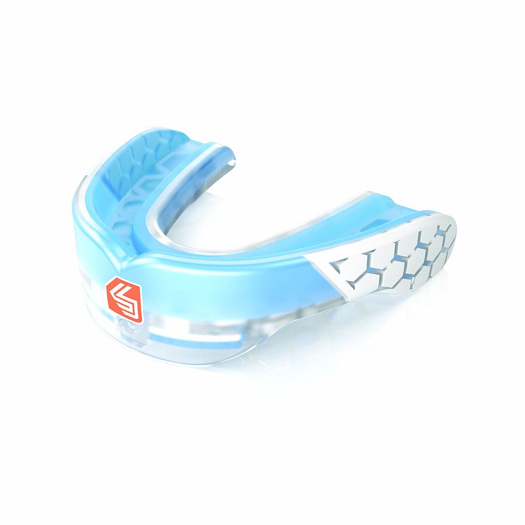 Shock Doctor Gel Max Power Mouth Guard for sports, showing its flexible, protective design in a close-up shot.