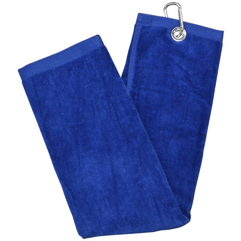 Longridge luxury 3-fold golf towel with black and blue design, made of soft, absorbent fabric for cleaning golf clubs and balls.
