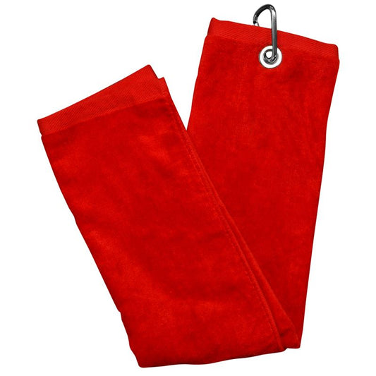 Longridge Black luxury 3-fold golf towel with embroidered logo, soft microfiber fabric, and hanging loop for golfers' accessories.