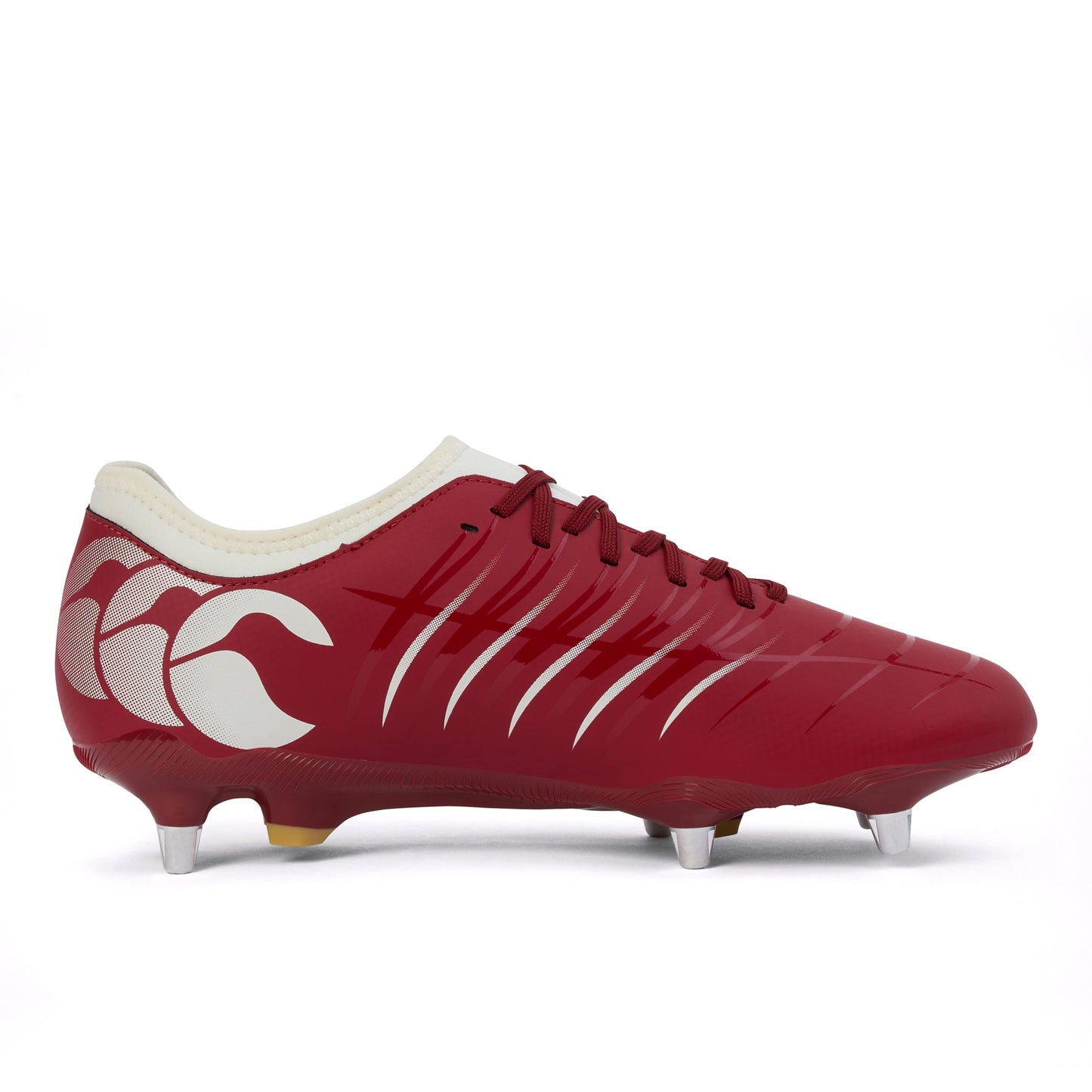 Canterbury Phoenix 2.0 Team Sg rugby boot with black and red design, featuring cleats and sturdy construction.