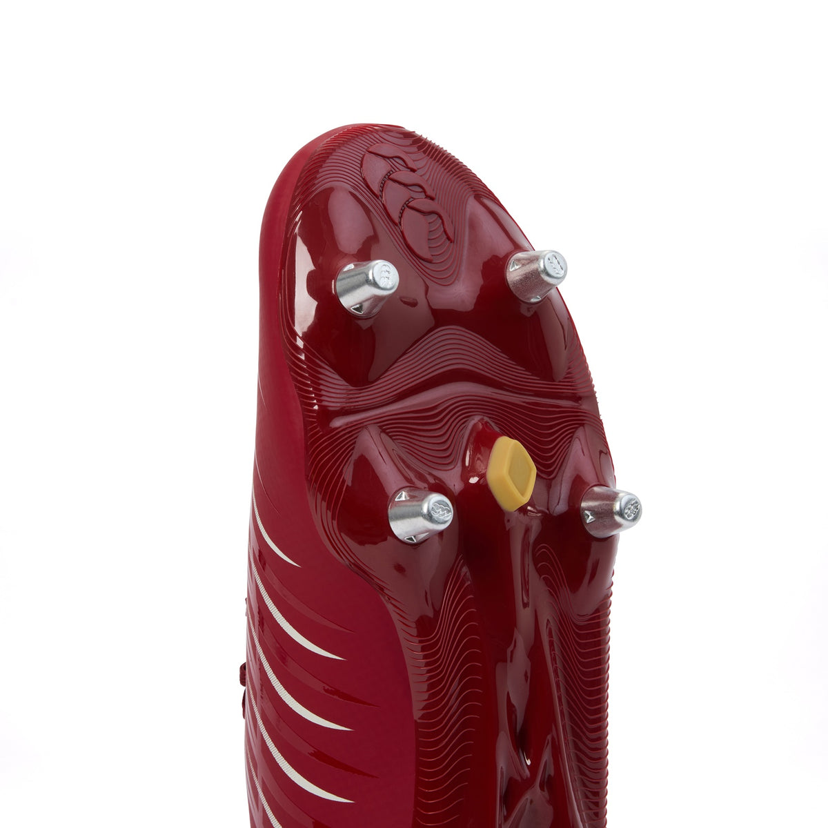 Canterbury Phoenix 2.0 Team Sg rugby boot showing black and red design with laces and durable sole for rugby matches