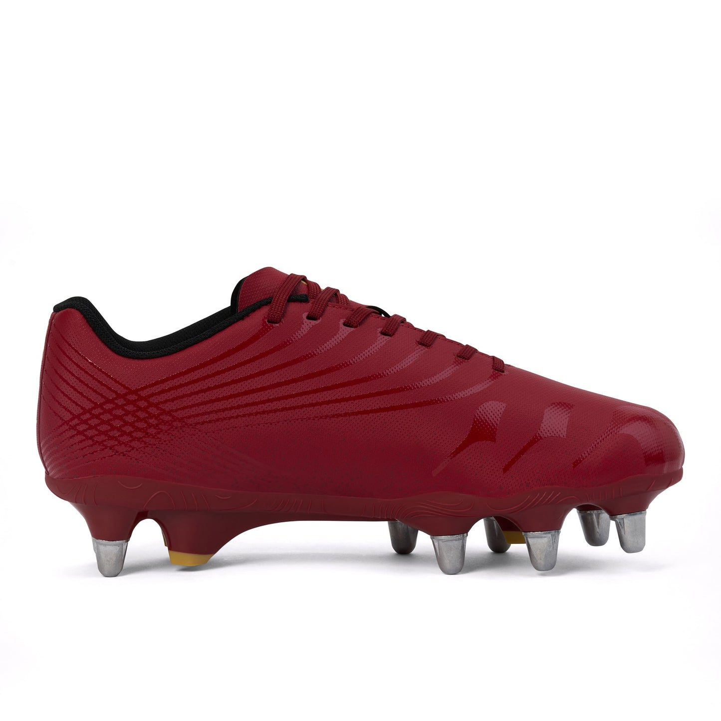 Canterbury Stampede Team Rugby Boot SG for soft ground with cleats, black and red design, shown on a white background.