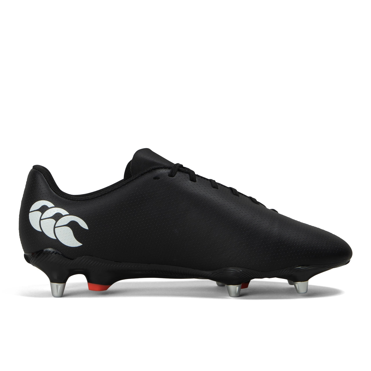 Rugby Canterbury Speed Raze Sg Boot in black with white accents, featuring sturdy sole and ankle support for rugby players.