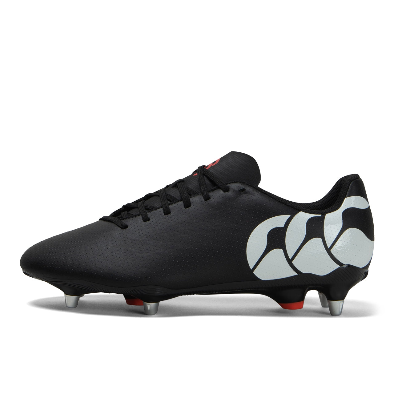 Canterbury Speed Raze SG rugby boot with black and white design, featuring durable sole and laces for enhanced performance.