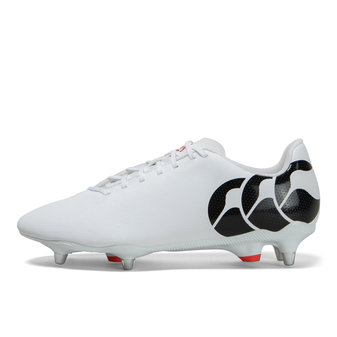Canterbury Speed Raze Sg rugby boot showing black and red design with cleats on the sole, designed for rugby players.