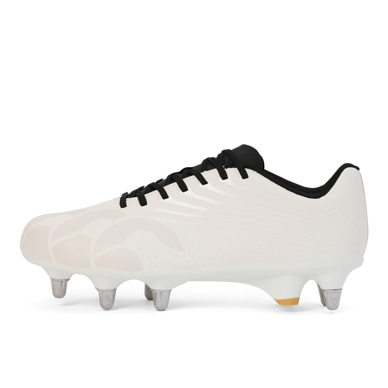 Canterbury Stampede Team Rugby Boot SG for soft ground, black and red rugby cleats with studded sole, designed for rugby players.