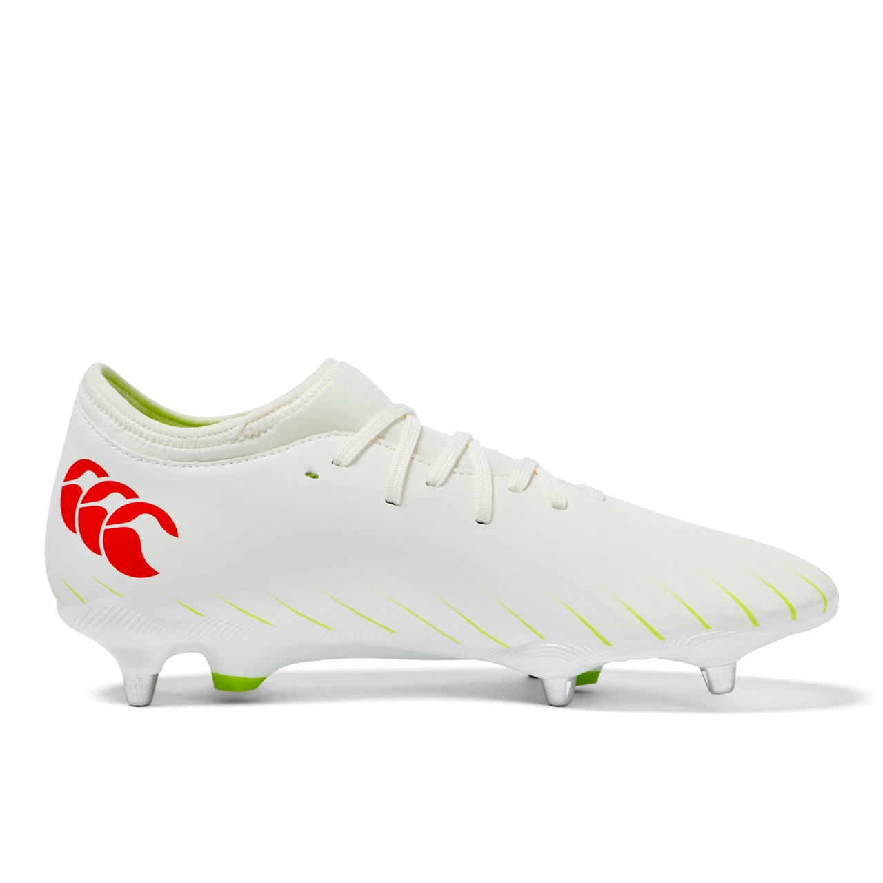 Canterbury Speed Falcon Team SG rugby boot for soft ground, showing black and red design with firm grip sole and high ankle support.