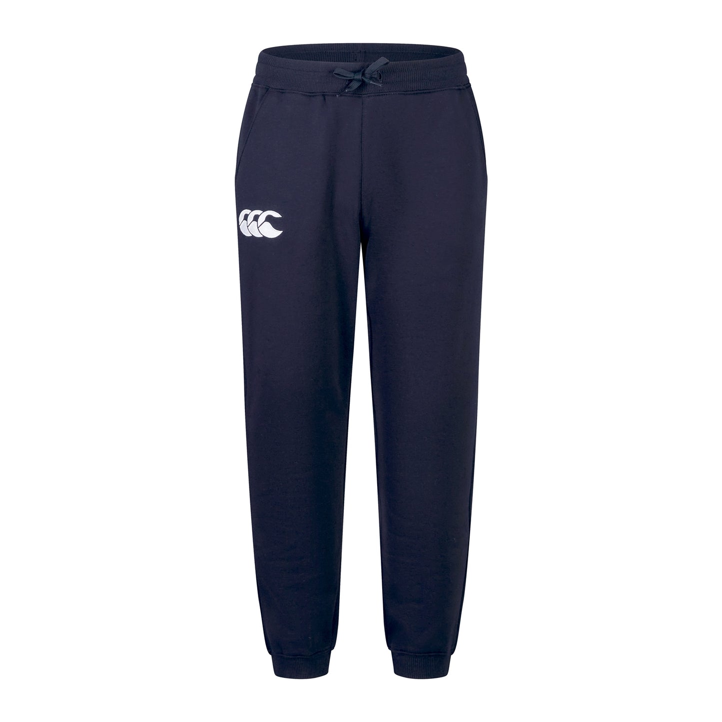 Canterbury rugby leisure sweatpants in navy with Canterbury logo, relaxed fit, comfortable cotton fabric, suitable for casual wear.
