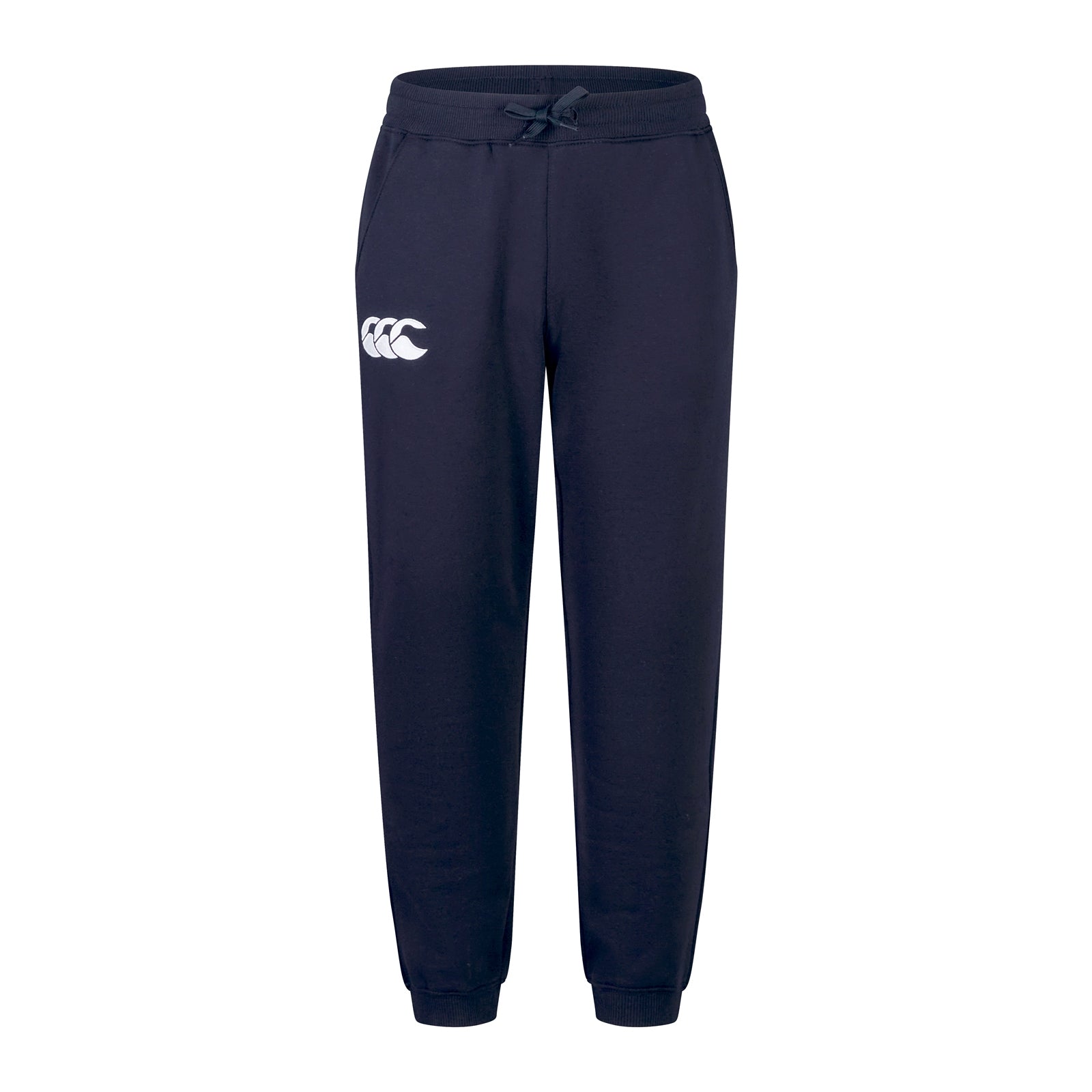 Canterbury rugby leisure sweatpants in navy with Canterbury logo, relaxed fit, comfortable cotton fabric, suitable for casual wear.