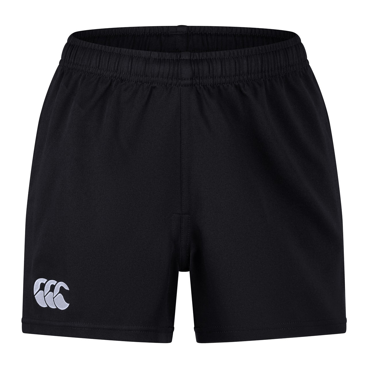 Canterbury Professional Poly Short 2.0 Junior rugby shorts in navy with elastic waistband and Canterbury logo.