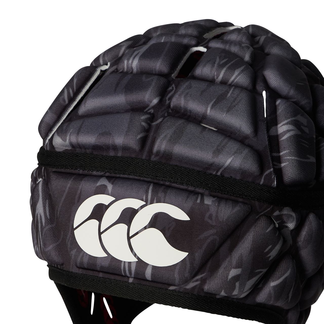 Canterbury Force Raze rugby headguard showing padded ear protection and chin strap for secure fit.