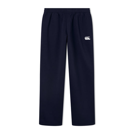 Canterbury Rakaia 2.0 open hem fleece rugby pants in navy with white accents, soft fleece fabric, and relaxed fit.