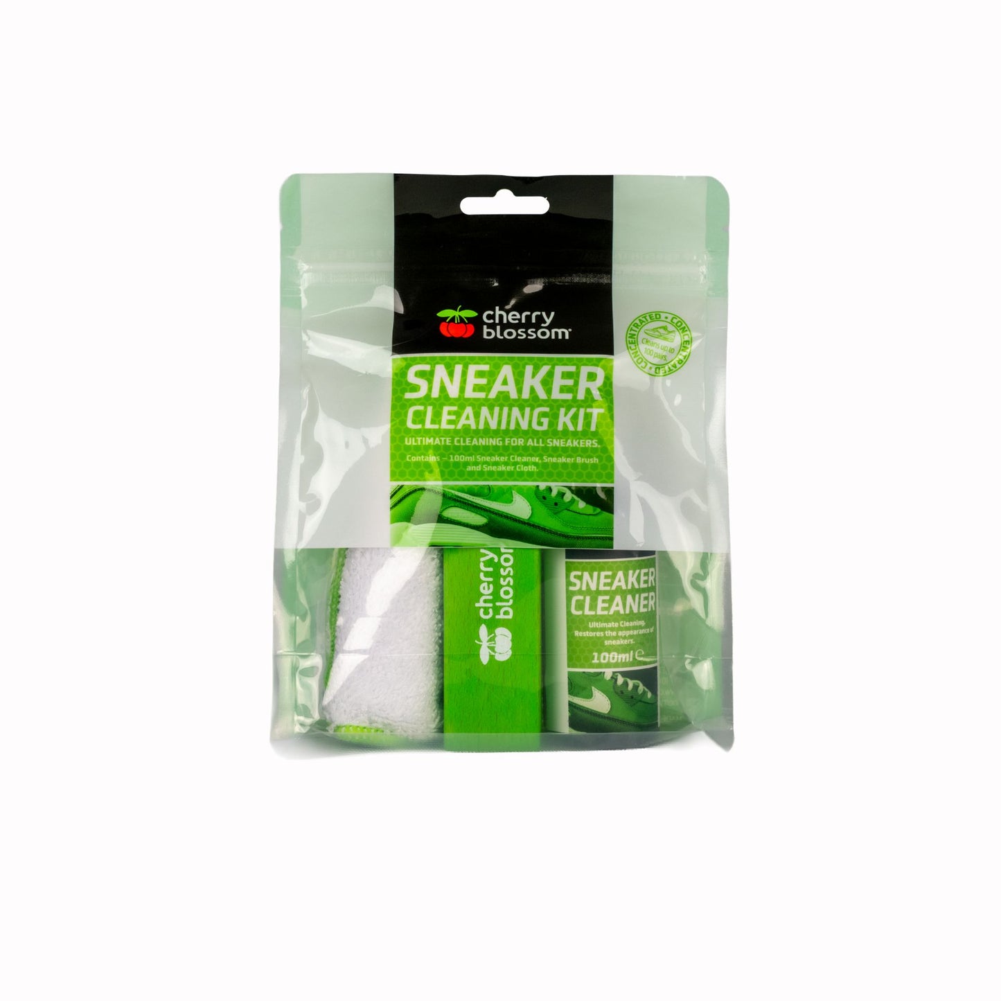 Cherry Blossom sneaker cleaning kit with brushes and cleaning solutions for maintaining athletic shoes and sneakers.