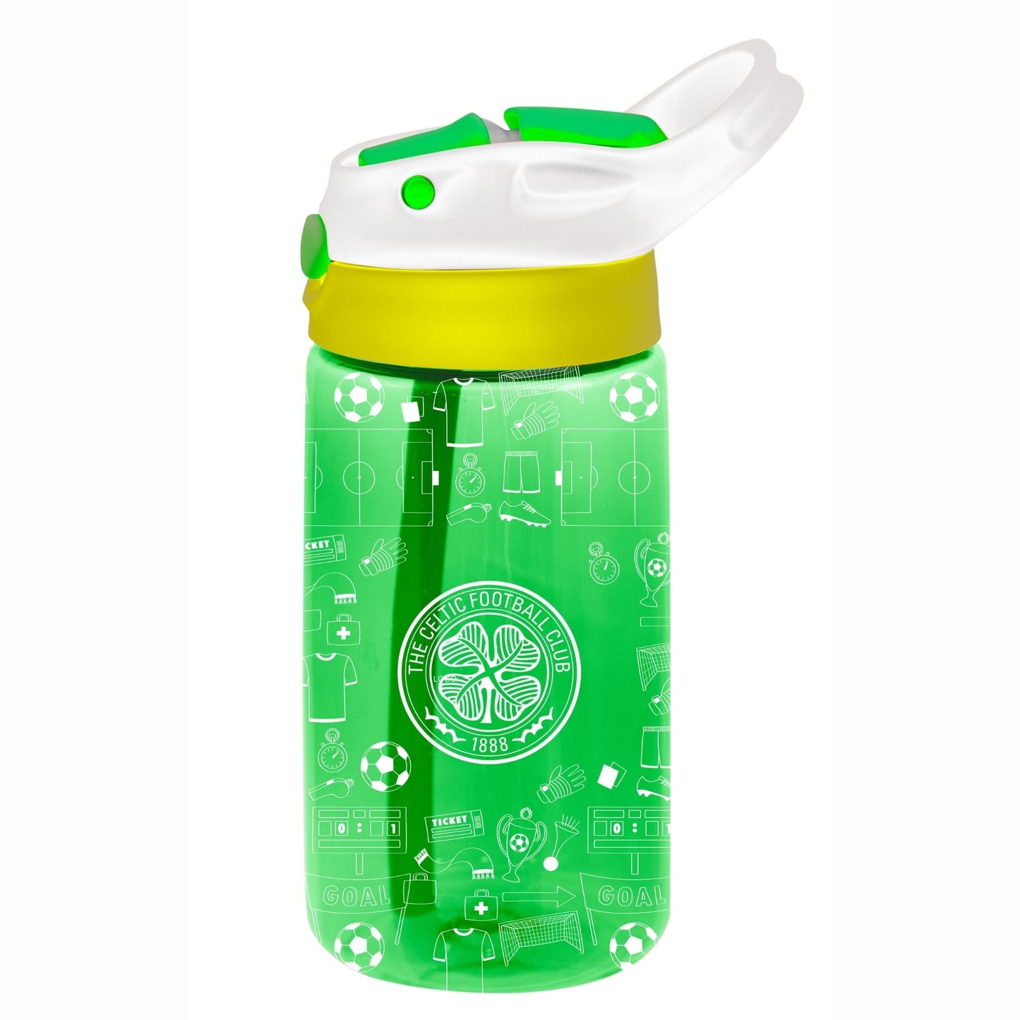 Team Merchandise 480ml kids water bottle with colorful sports-themed design, durable plastic, and secure screw-on lid.