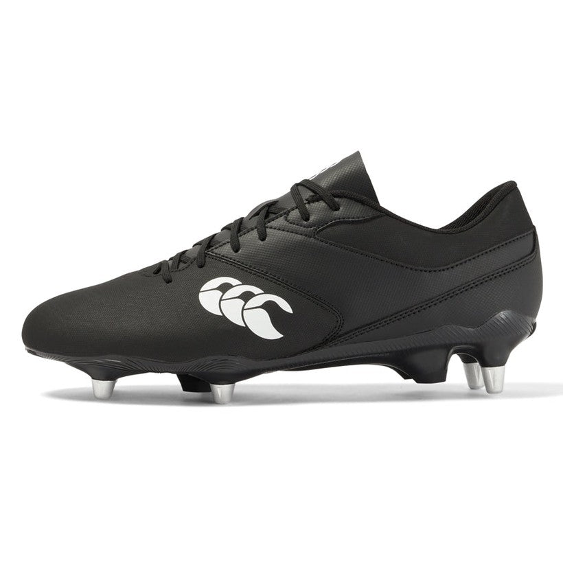 Canterbury Phoenix Raze SG rugby boots with soft ground studs, black and red design, suitable for rugby players on muddy fields