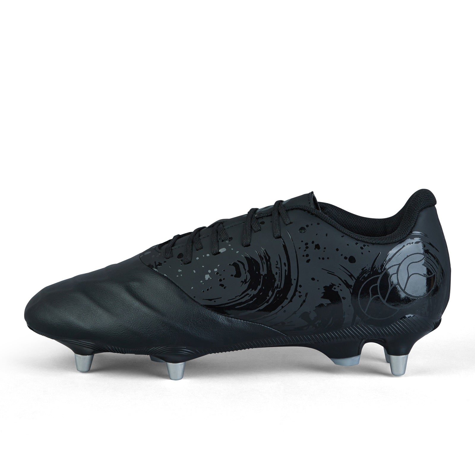 Canterbury Genesis Team Rugby Boot SG showing black and green rugby cleats with studded sole for outdoor play