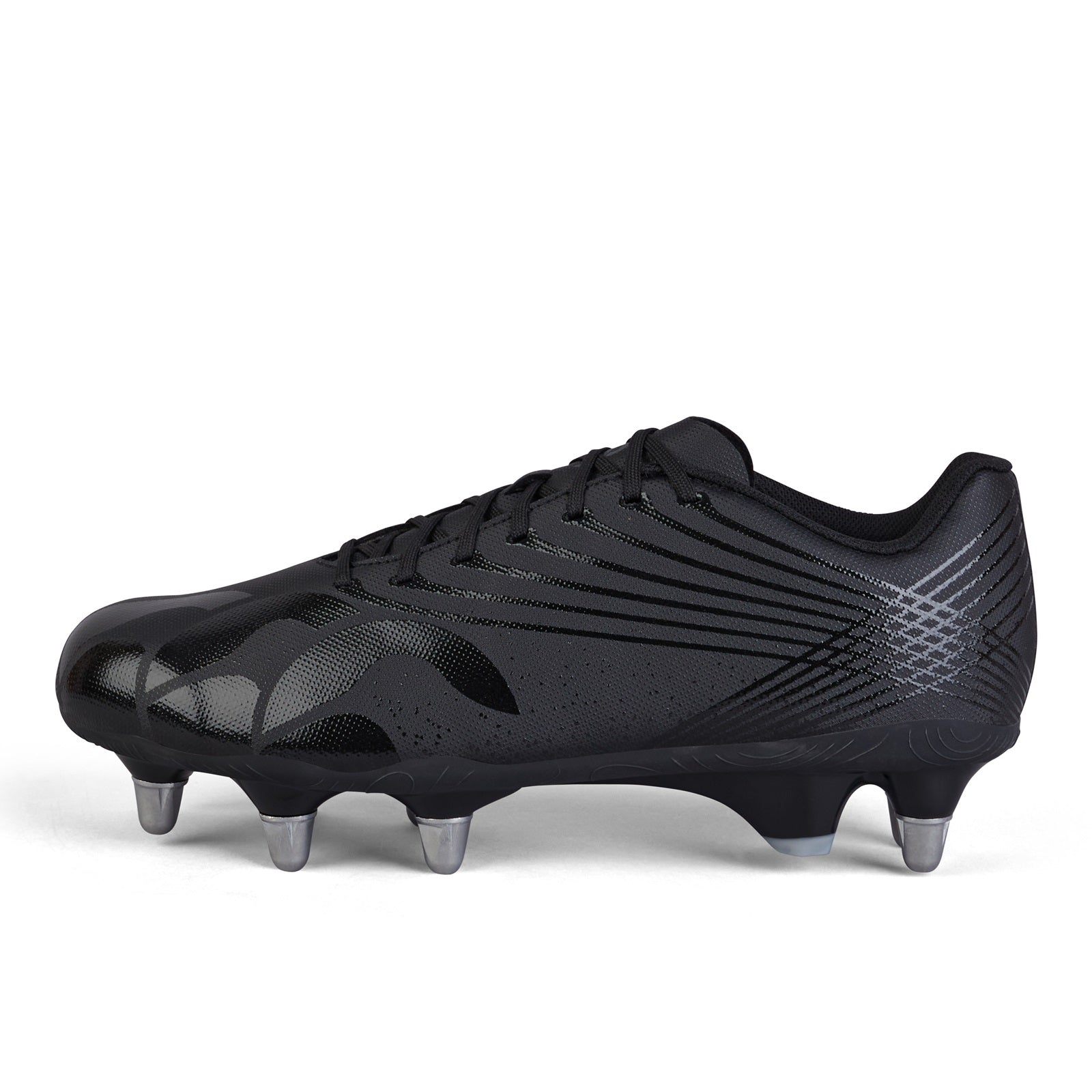 Canterbury Stampede Team Rugby Boot SG for soft ground, black and blue rugby cleats with studded soles, designed for rugby players.
