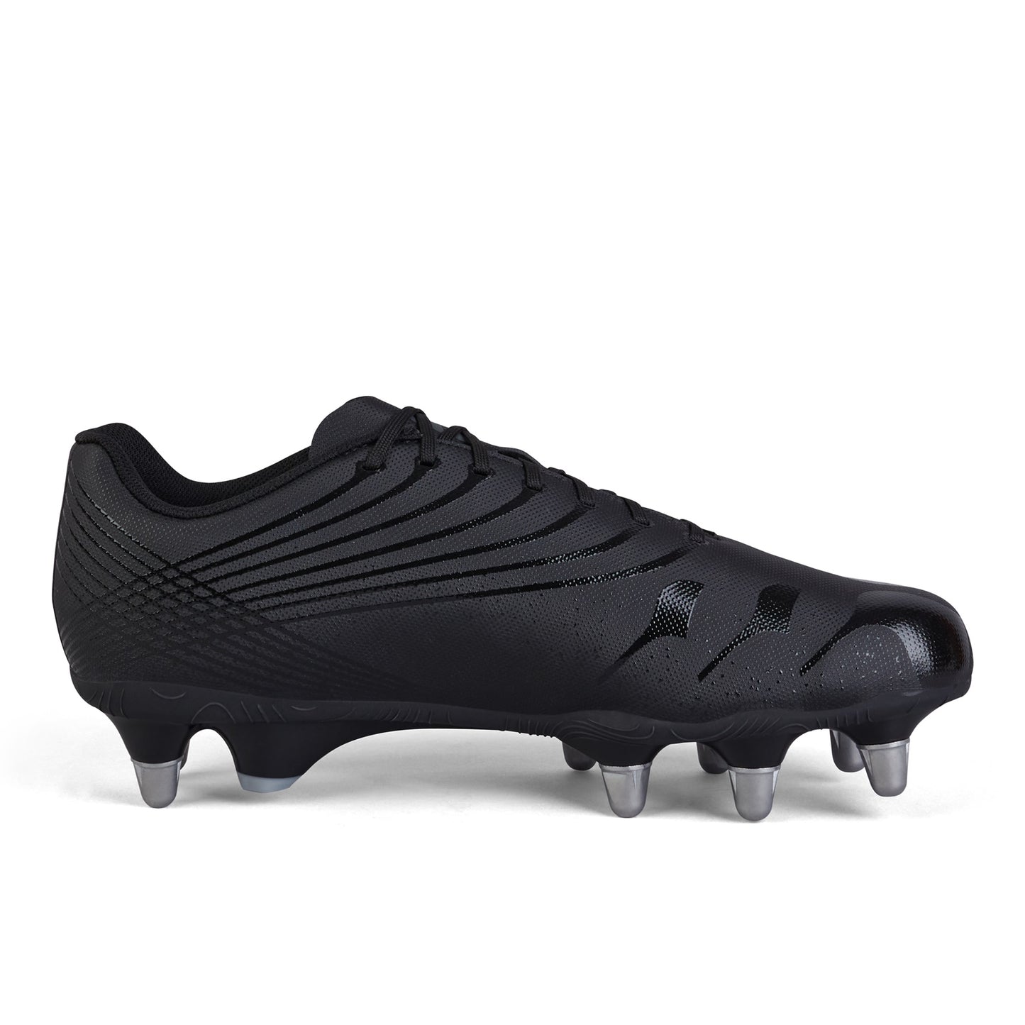 Canterbury Stampede Team Rugby Boot SG for soft ground, black and red rugby cleat with studded sole for traction on turf.