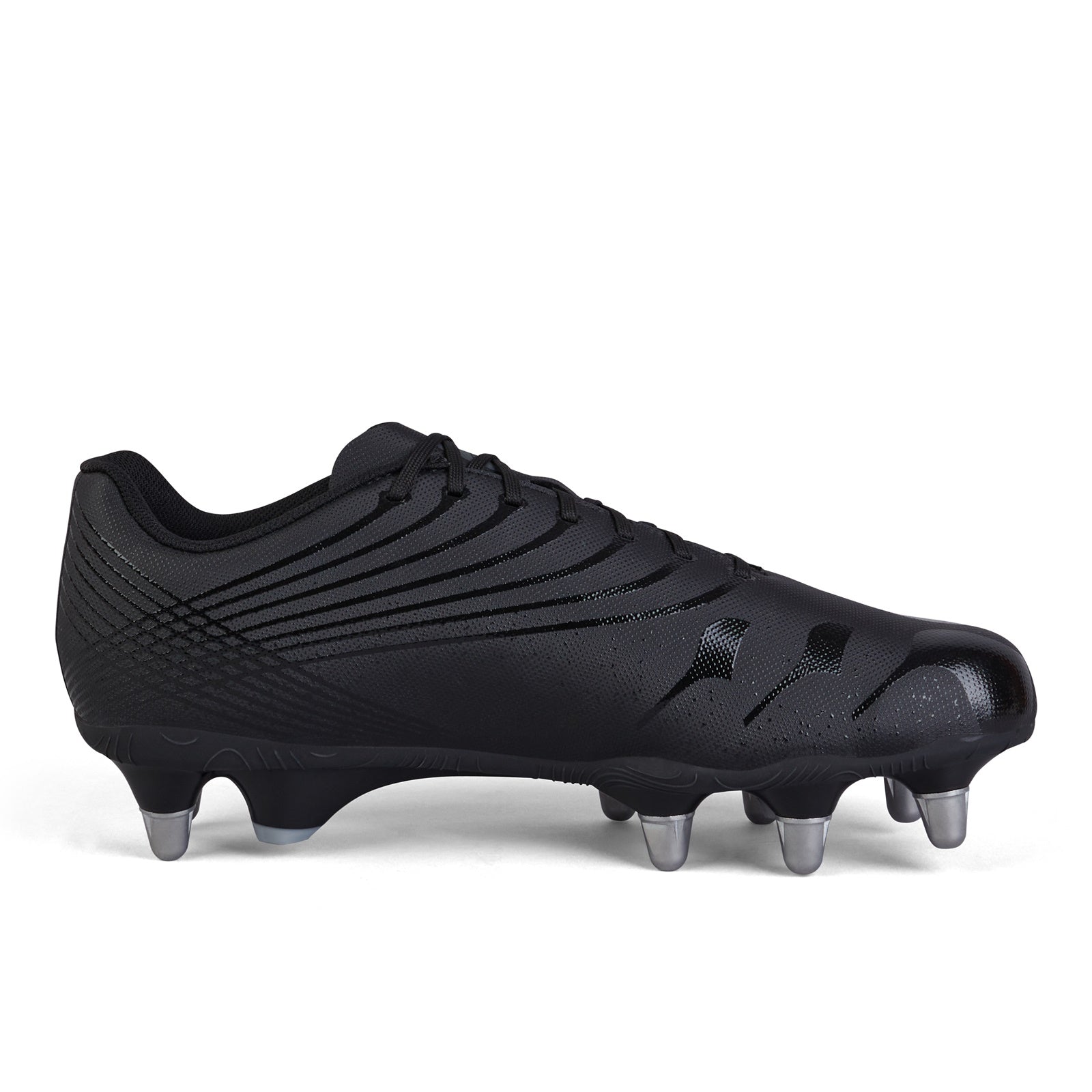 Canterbury Stampede Team Rugby Boot SG for soft ground, black and red rugby cleat with studded sole for traction on turf.