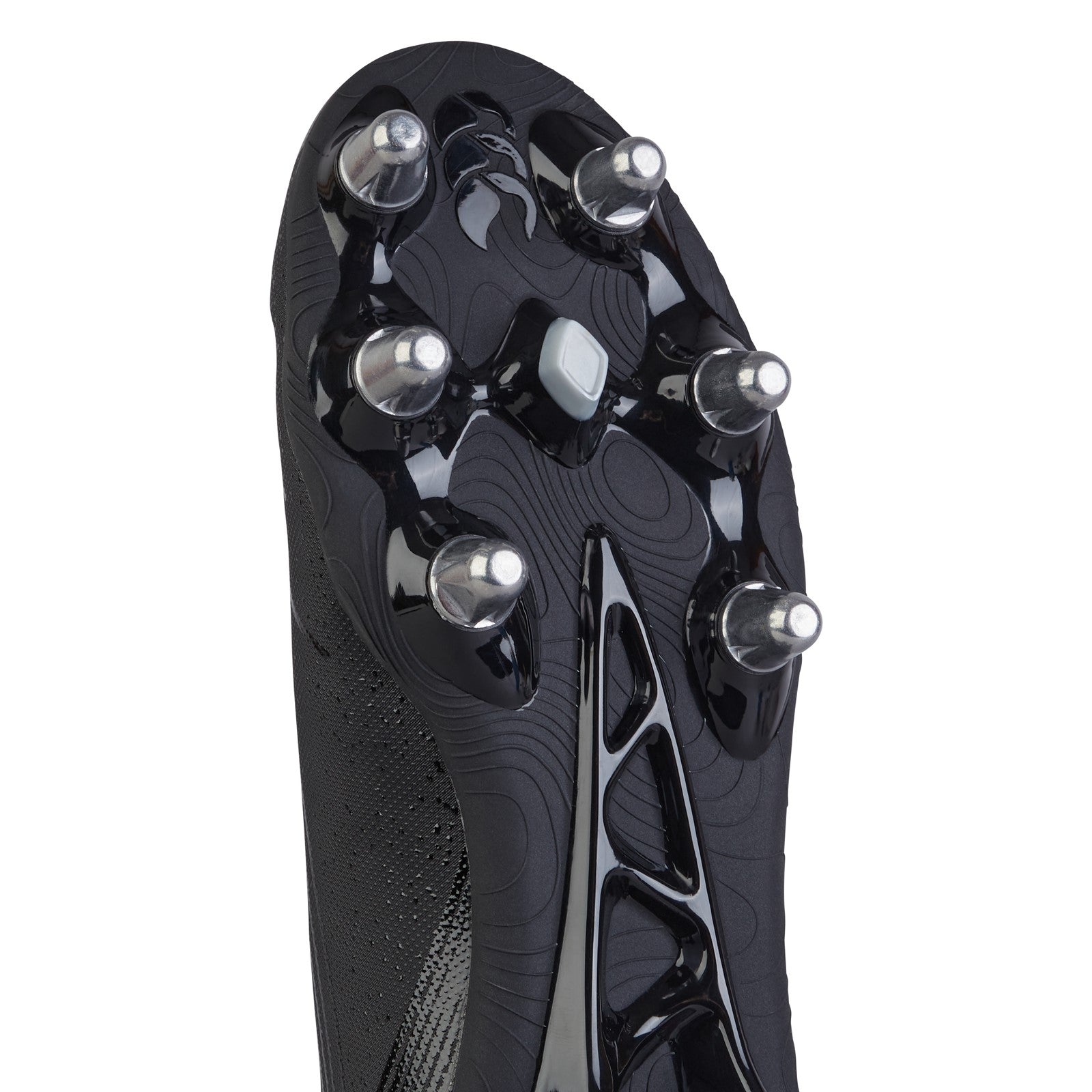Canterbury Stampede Team Rugby Boot SG for soft ground, black and red rugby cleats with studded sole, designed for rugby players.