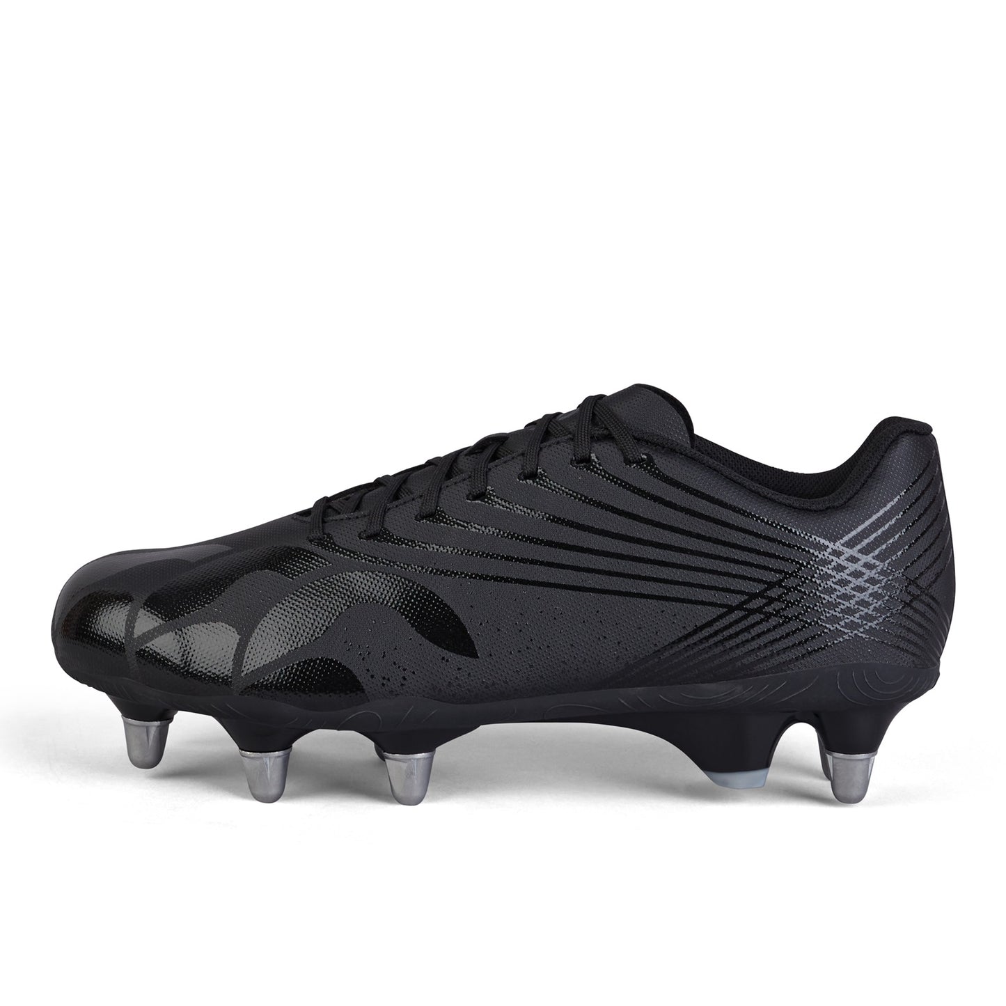 Canterbury Stampede Team Rugby Boot SG for soft ground, black and red rugby cleats with studded sole, designed for rugby players.