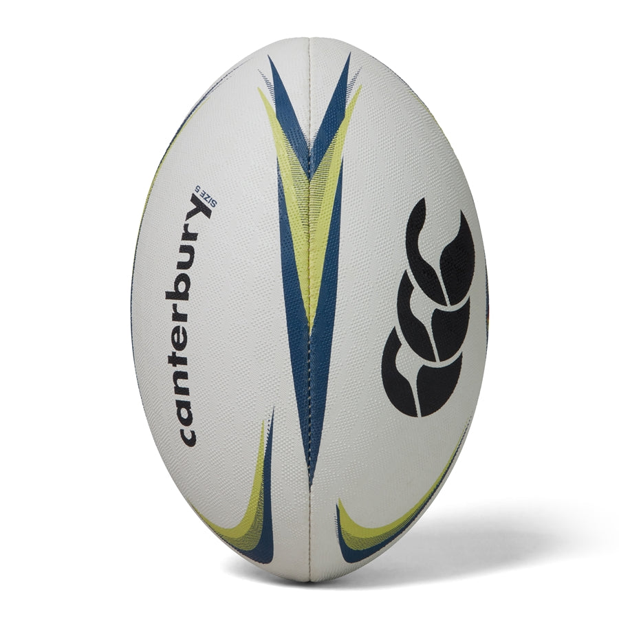 Canterbury Mentre Rugby Ball XU with black and white design, textured surface, and brand logo, suitable for rugby games and practice.