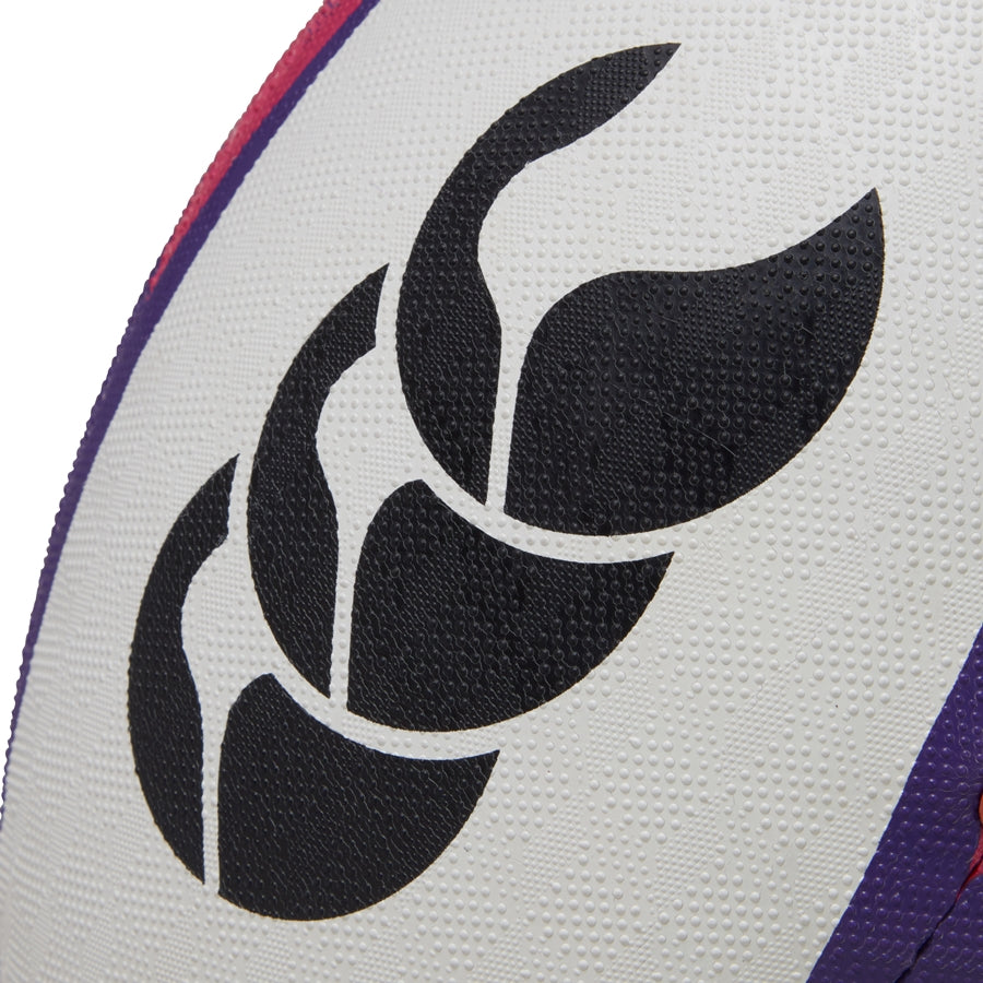 Canterbury Mentre rugby ball in white and black with Canterbury logo, designed for rugby players.