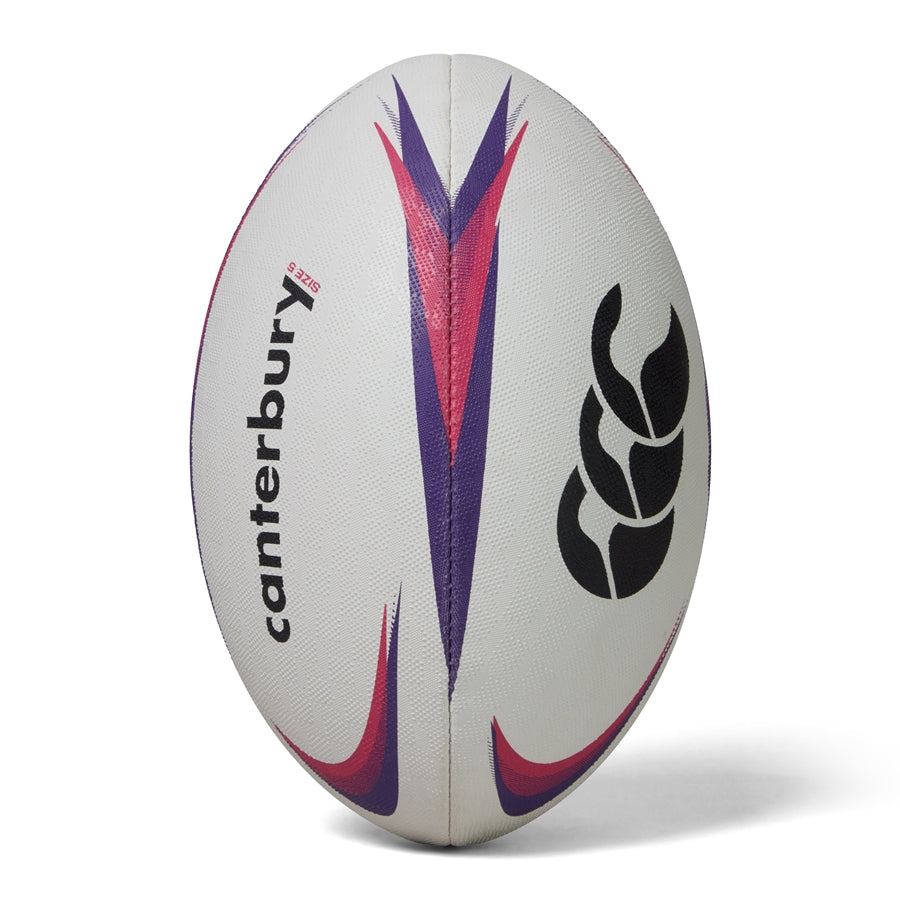 Canterbury Mentre rugby ball in white and navy with Canterbury logo, designed for rugby play and training.