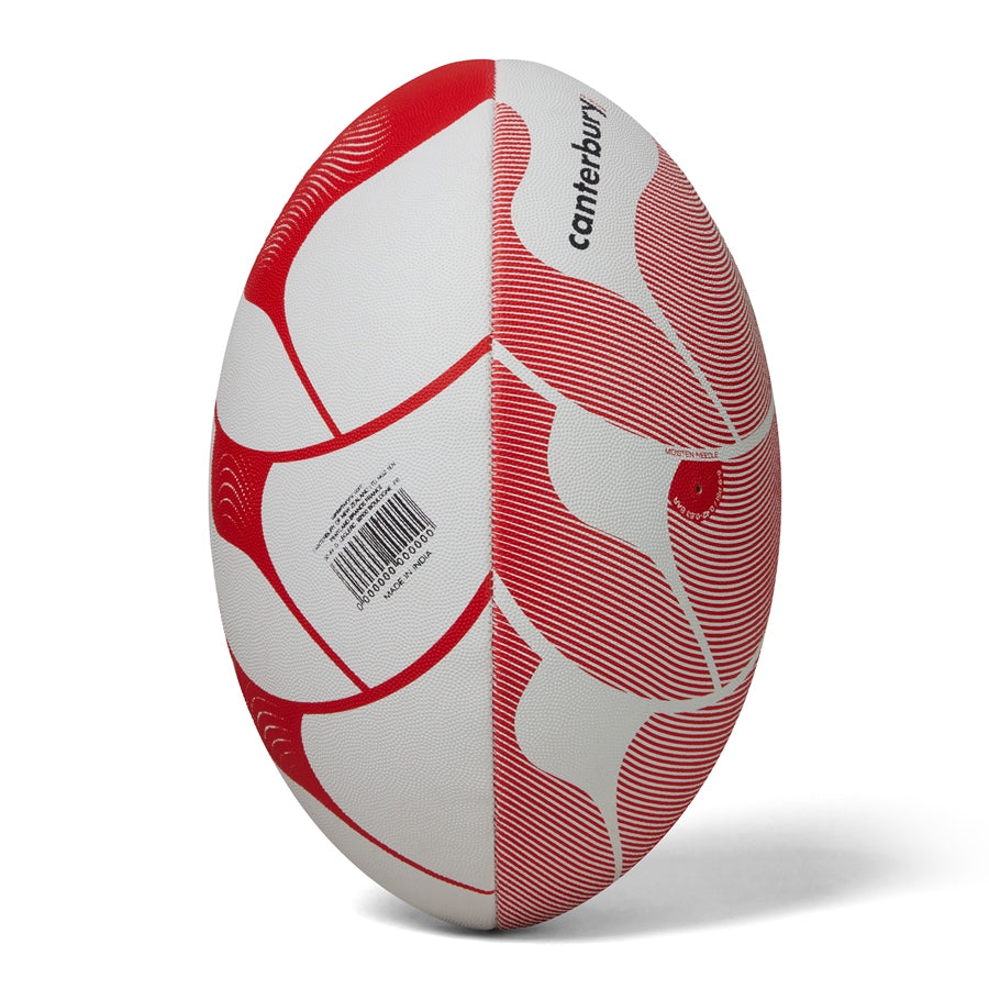 Canterbury Thrillseeker Play Rugby Ball in black and white, official size with textured surface for grip and durability.