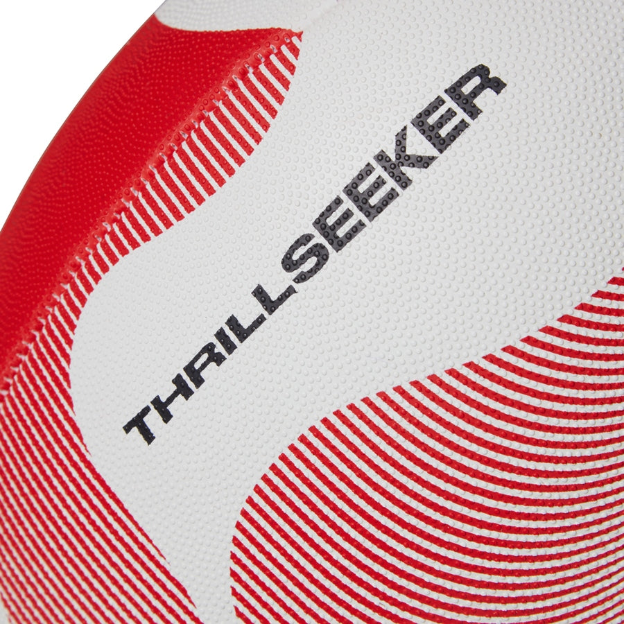 Canterbury Thrillseeker Play rugby ball in white and blue with Canterbury logo, featuring textured surface for better grip.