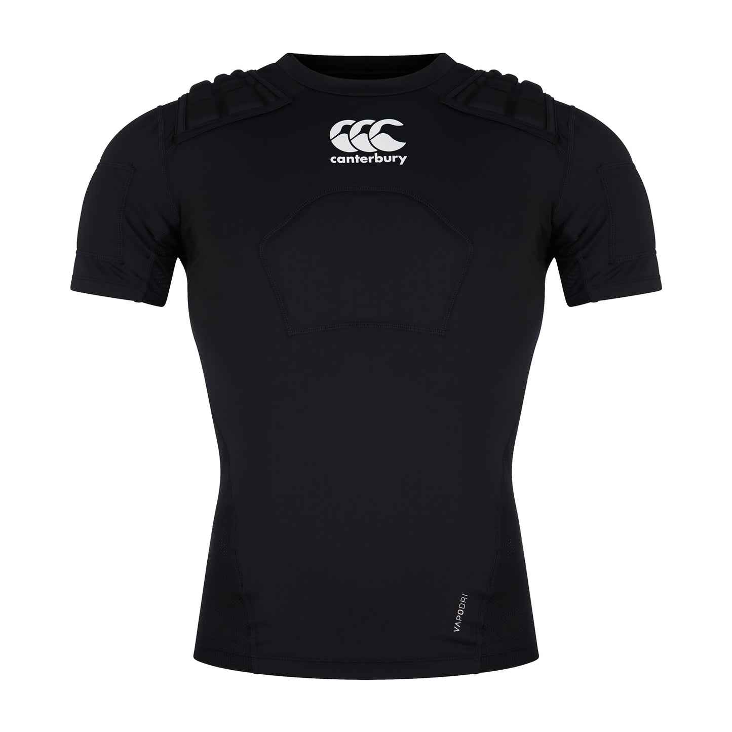 Black and white Canterbury rugby protection vest with padded shoulder and chest coverage, designed for secure fit and comfort.